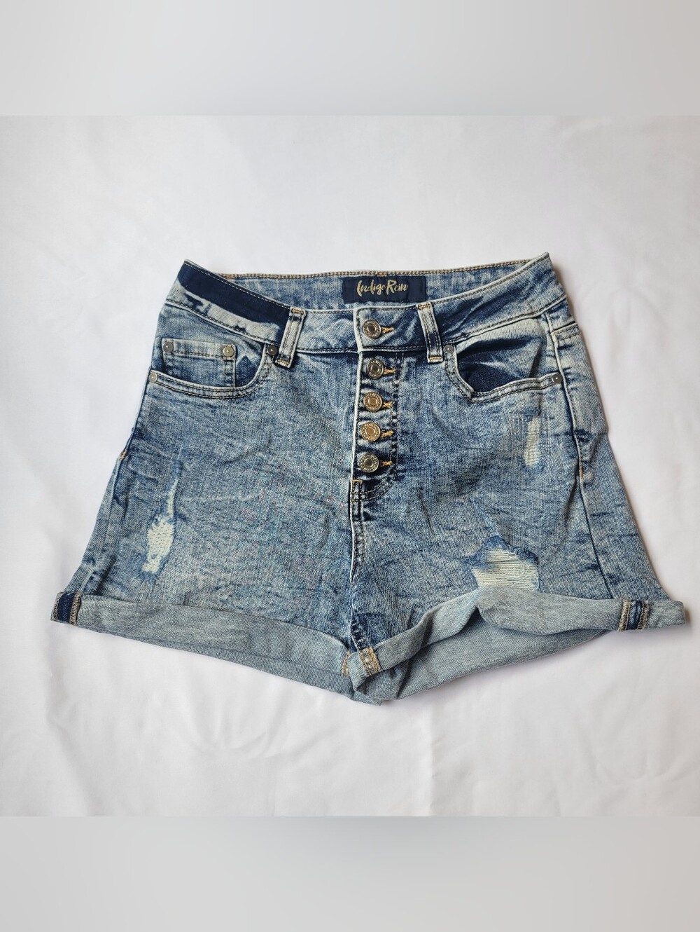 Indigo Rein Denim Stone Washed Dustressed Shorts High Rise 3/25